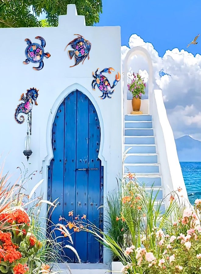 SUNREEK 4Pcs Metal Ocean Wall Decor, Blue Turtle Fish Crab Seahorse Wall Art for Coast Beach Pool Yard Fence Garden Bathroom Decoration (Ocean-A) - Image 2